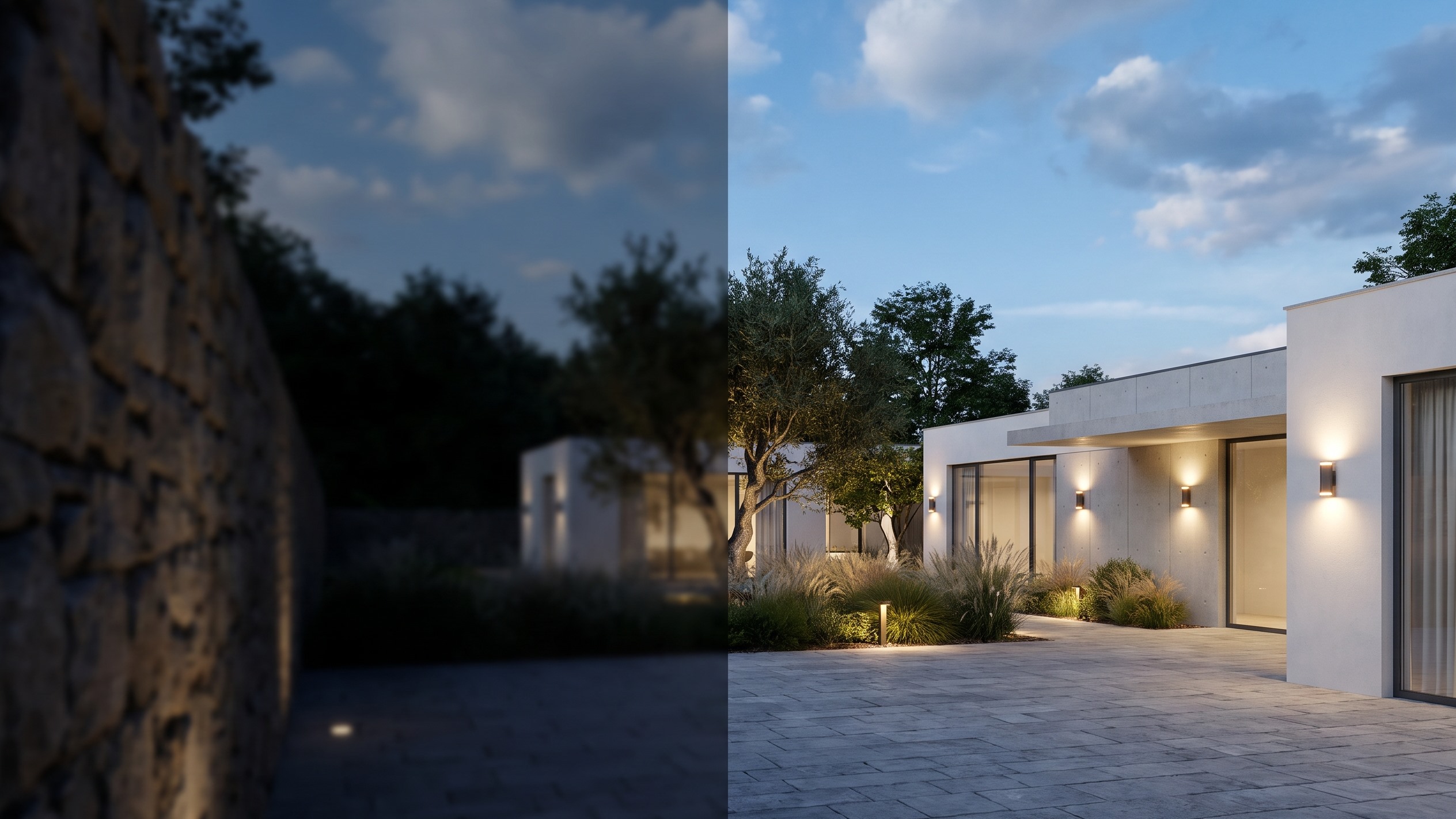 Contemporary exterior lighting at blue hour